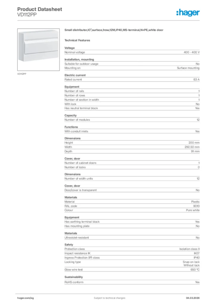 Image Hager Product data sheet VD112PP  | Hager