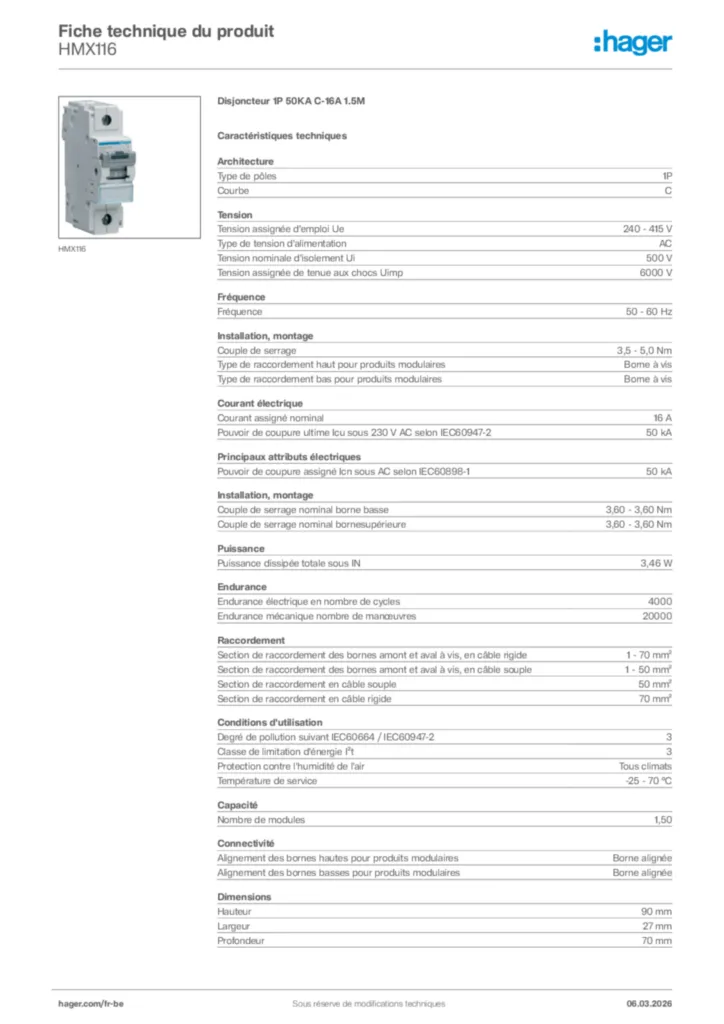 Image Hager Fiche technique du produit HMX116 | Hager Belgique