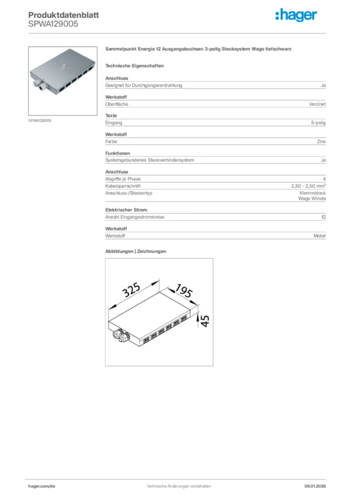 Bild Hager Produktdatenblatt SPWA129005 | Hager Deutschland