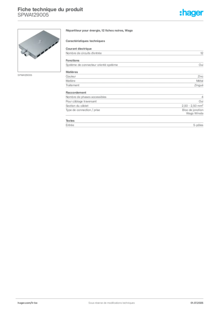 Image Hager Fiche technique du produit SPWA129005 | Hager Belgique