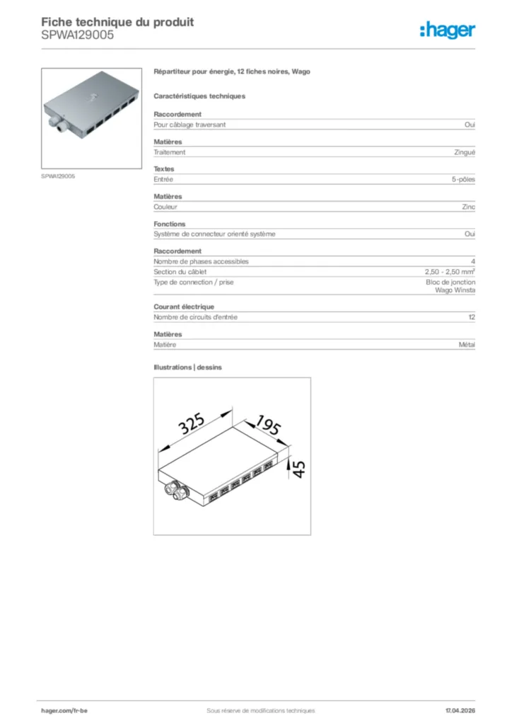 Image Hager Fiche technique du produit SPWA129005 | Hager Belgique