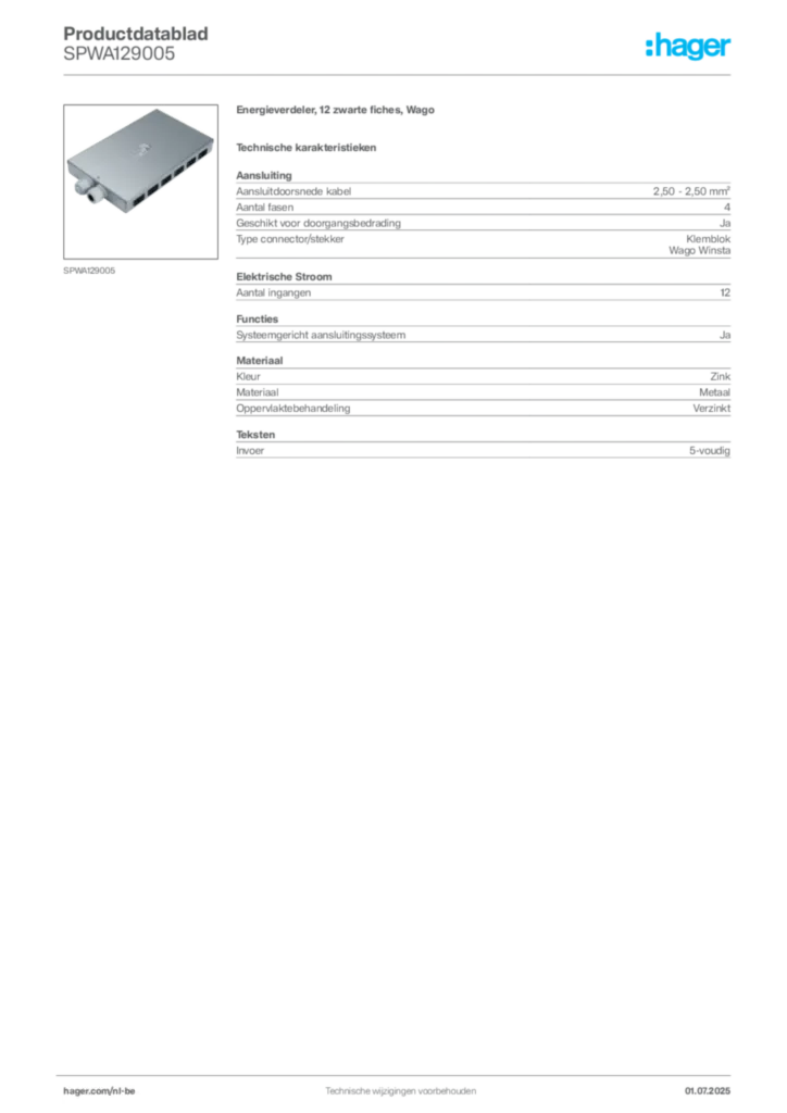 Afbeelding Hager Productdatablad SPWA129005 | Hager Belgium