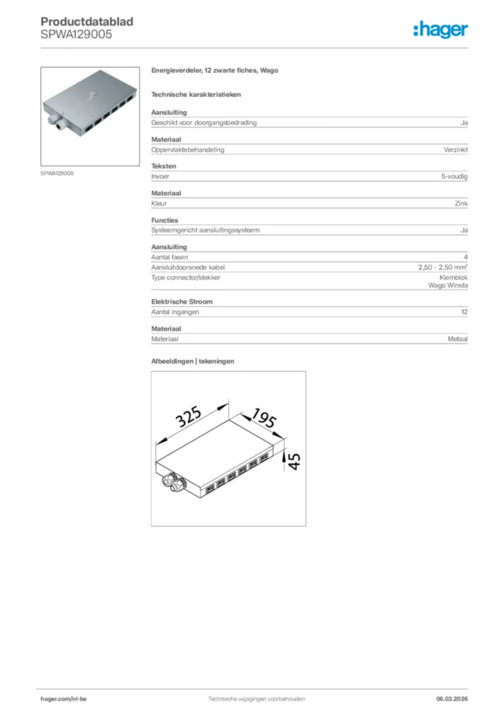 Afbeelding Hager Productdatablad SPWA129005 | Hager Belgium