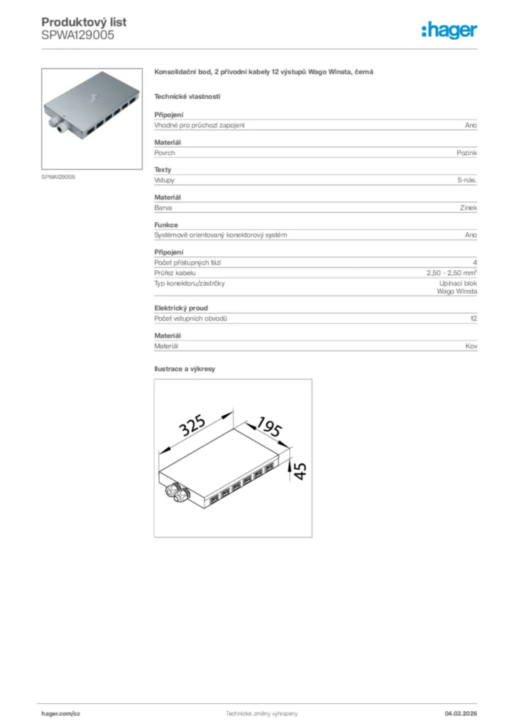 Obrázek Hager Product data sheet SPWA129005 | Hager