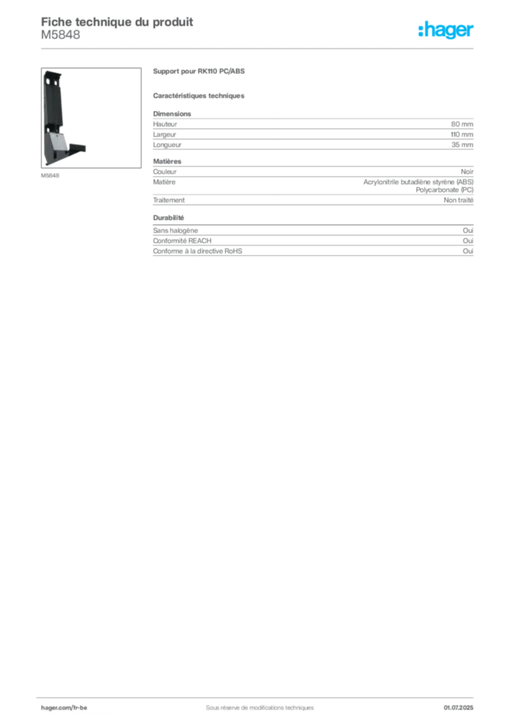 Image Hager Fiche technique du produit M5848 | Hager Belgique