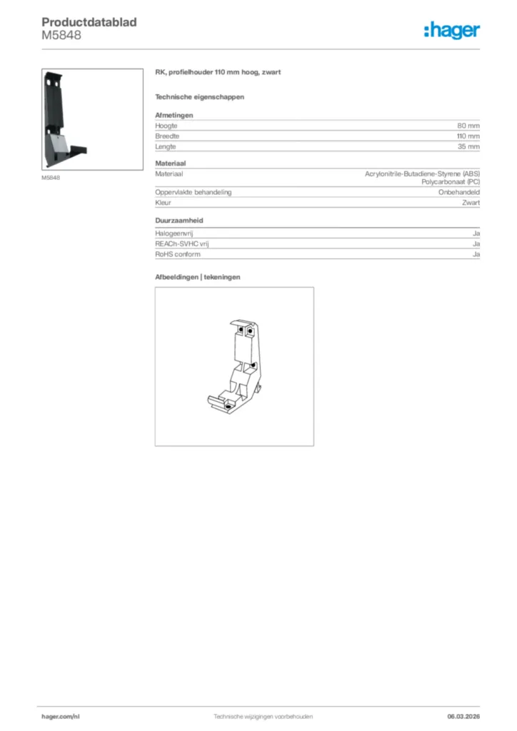 Afbeelding Hager Productdatablad M5848 | Hager Nederland