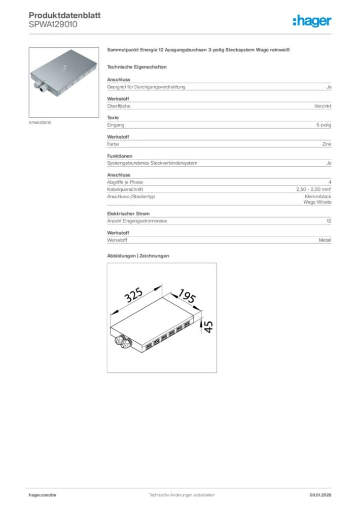 Bild Hager Produktdatenblatt SPWA129010 | Hager Deutschland