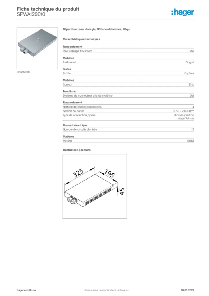 Image Hager Fiche technique du produit SPWA129010 | Hager Belgique