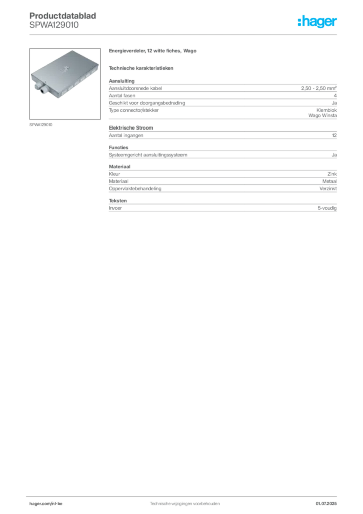 Afbeelding Hager Productdatablad SPWA129010 | Hager Belgium