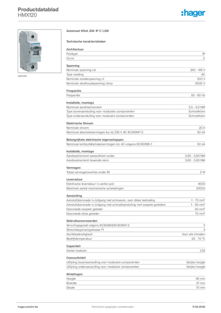 Afbeelding Hager Productdatablad HMX120 | Hager Belgium
