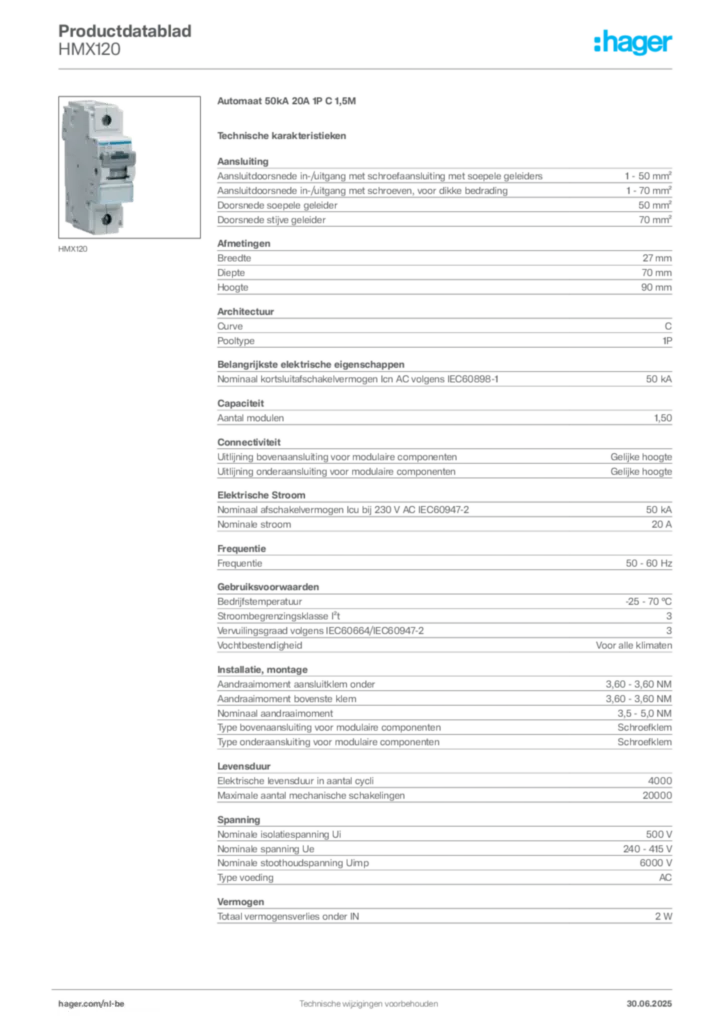 Afbeelding Hager Productdatablad HMX120 | Hager Belgium