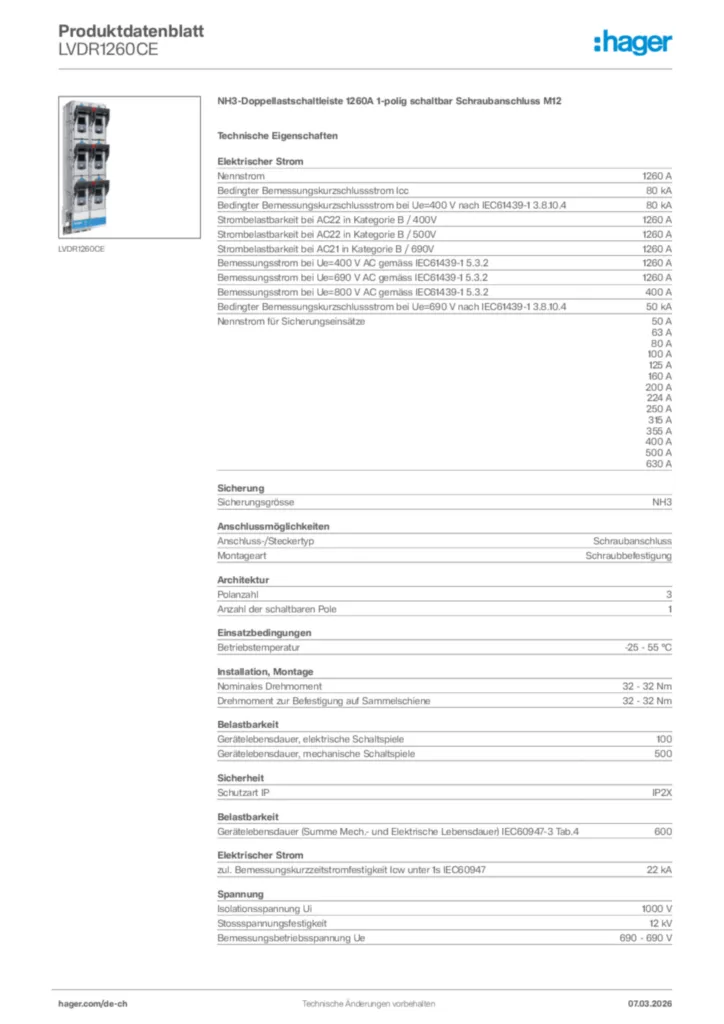 Bild Hager Produktdatenblatt LVDR1260CE | Hager Schweiz