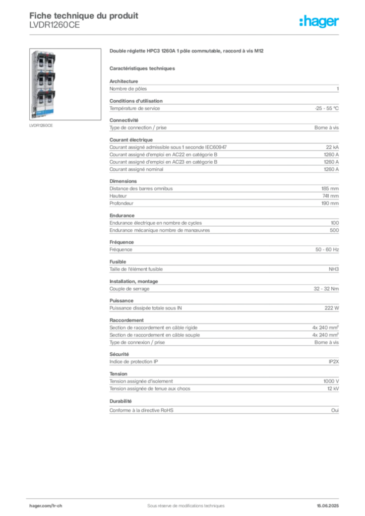 Image Hager Fiche technique du produit LVDR1260CE | Hager Suisse