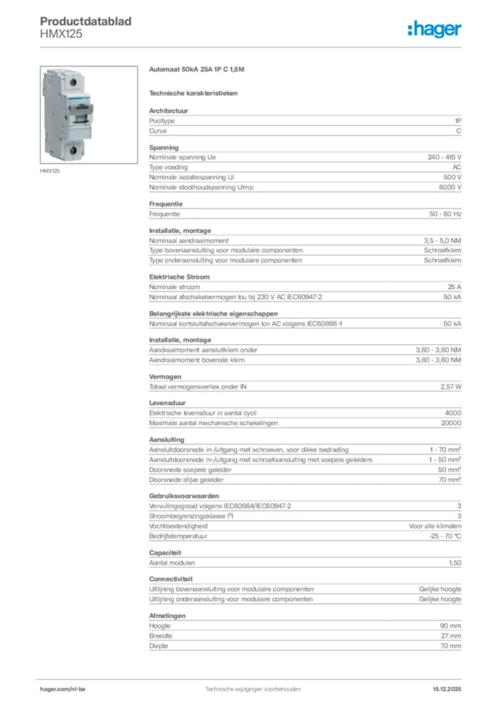 Afbeelding Hager Productdatablad HMX125 | Hager Belgium