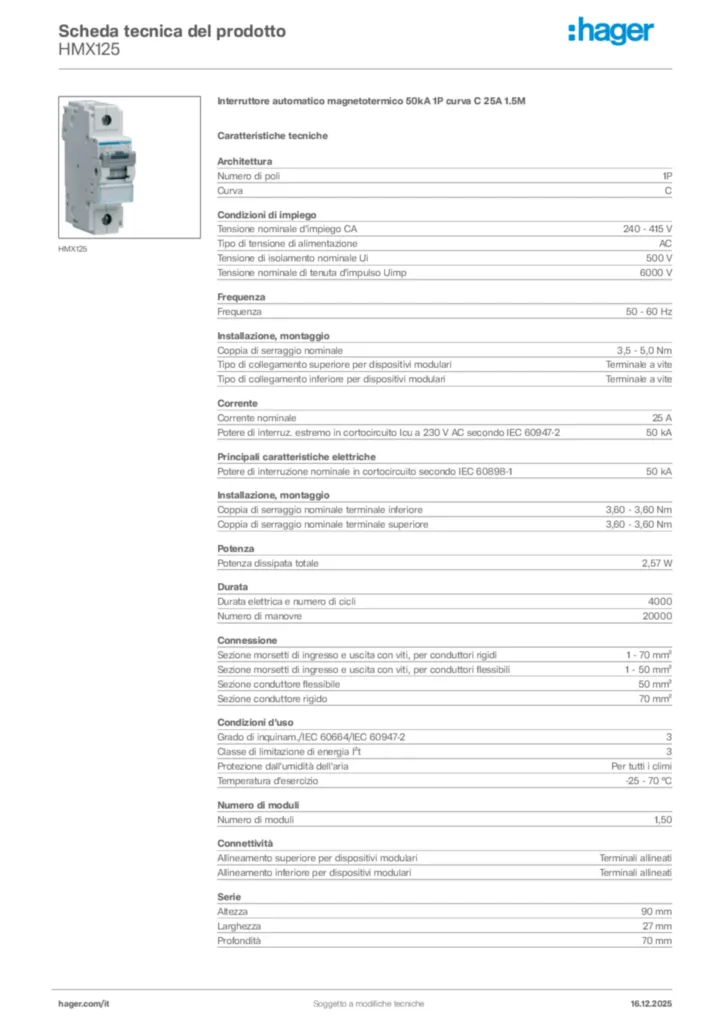 Immagine Hager Scheda tecnica del prodotto HMX125 | Hager Italia