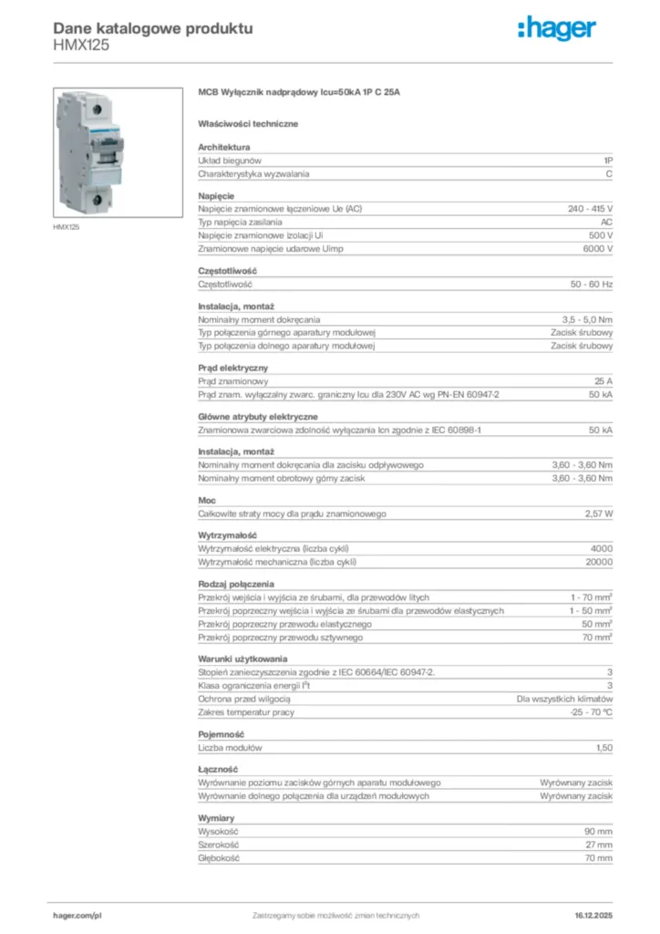 Zdjęcie Hager Karta katalogowa HMX125 | Hager Polska