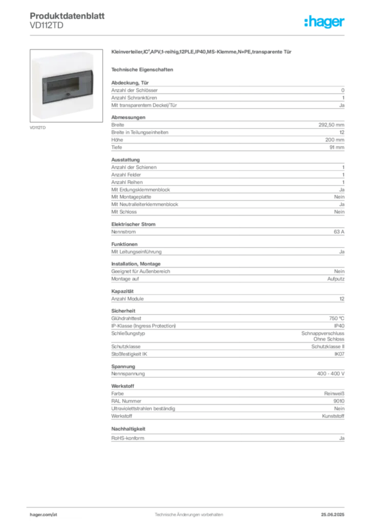 Bild Hager Produktdatenblatt VD112TD | Hager Deutschland