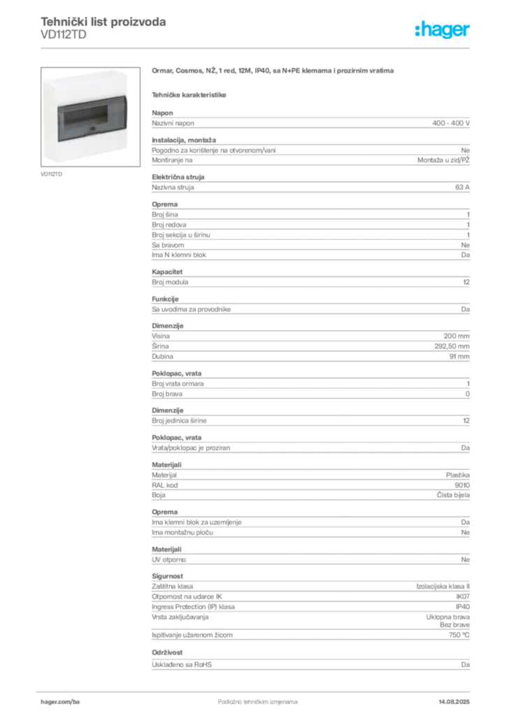 Slika Hager Product data sheet VD112TD  | Hager