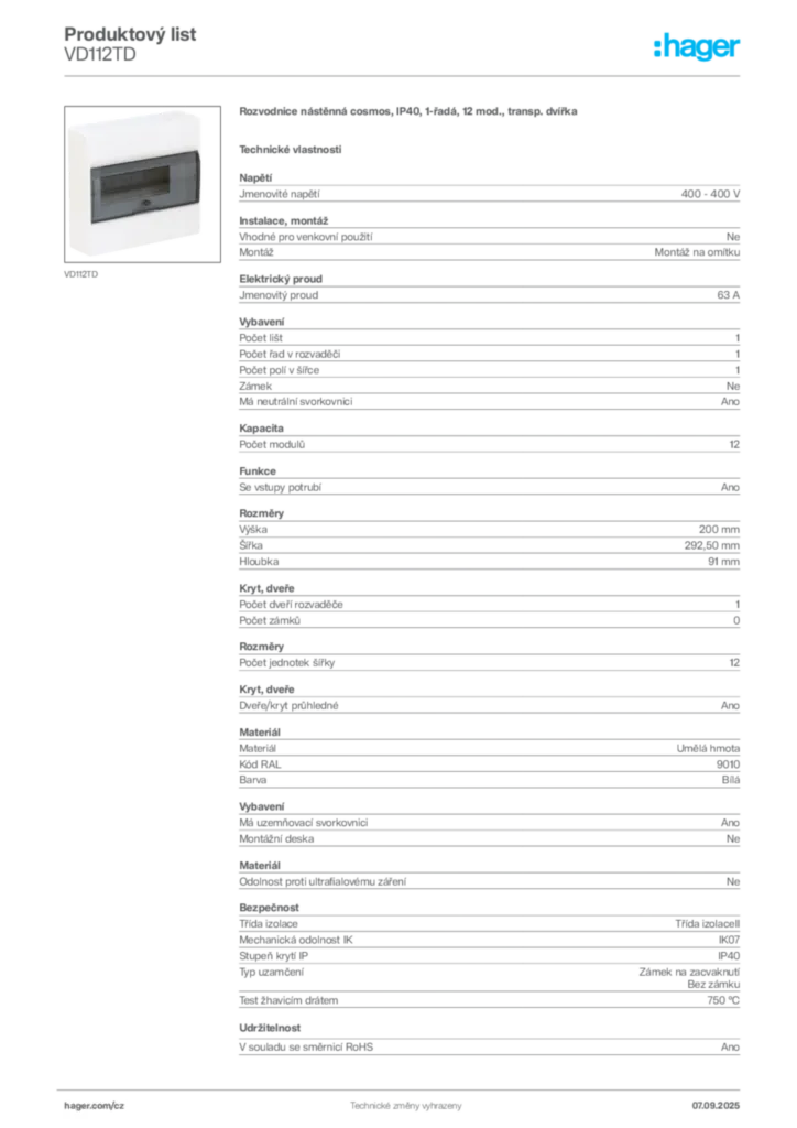 Obrázek Hager Produktový list VD112TD | Hager