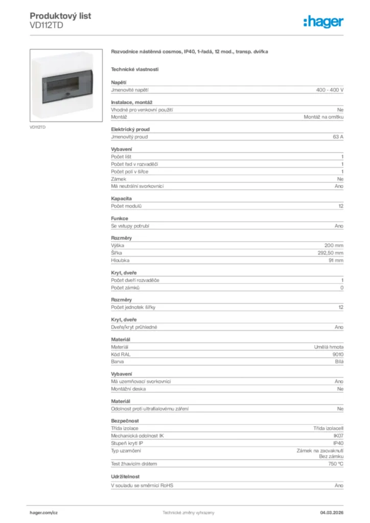 Obrázek Hager Product data sheet VD112TD | Hager