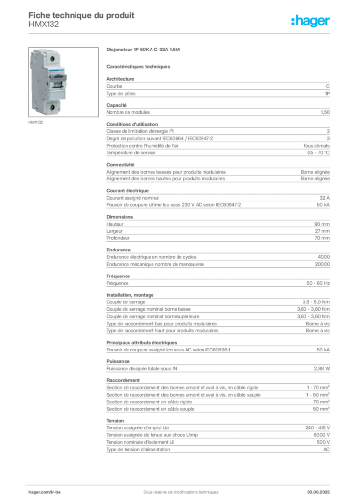 Image Hager Fiche technique du produit HMX132 | Hager Belgique