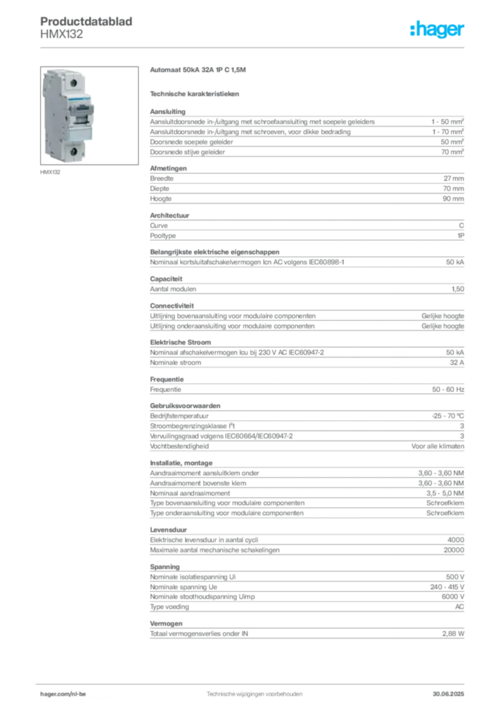 Afbeelding Hager Productdatablad HMX132 | Hager Belgium