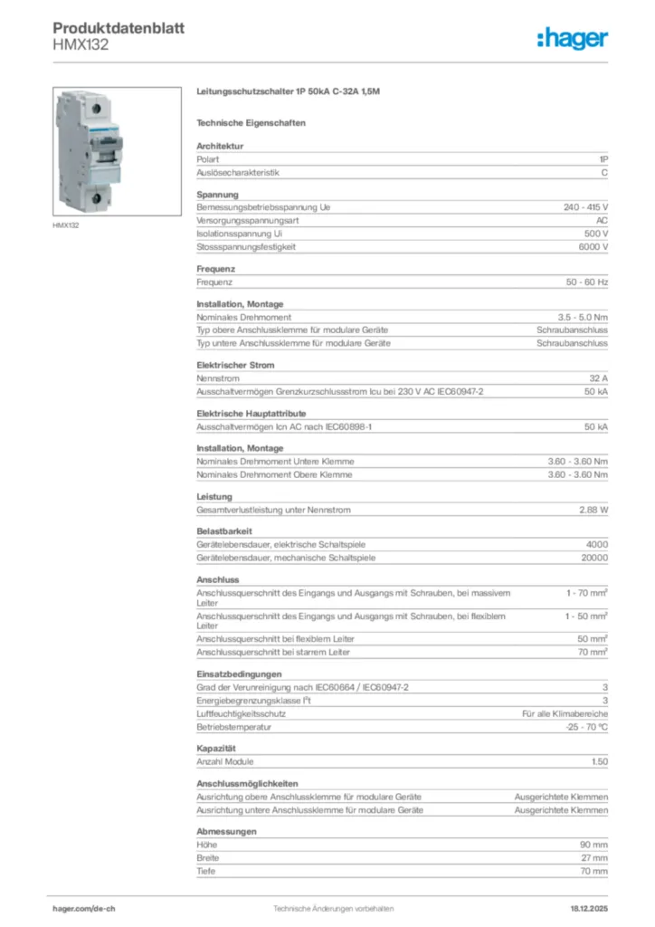Bild Hager Produktdatenblatt HMX132 | Hager Schweiz