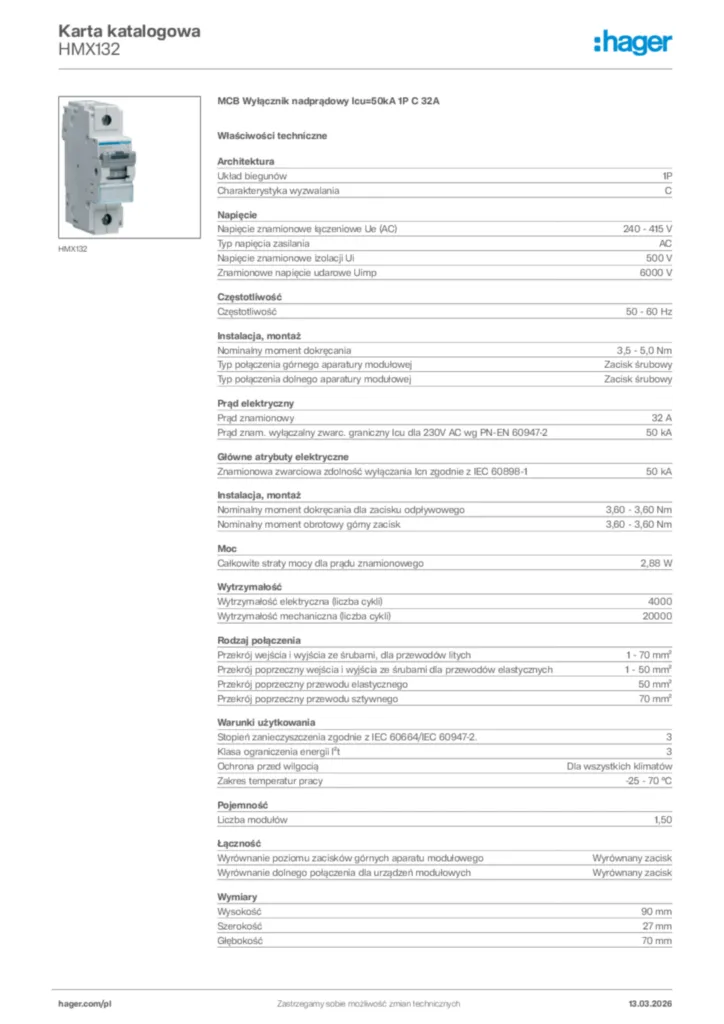 Zdjęcie Hager Karta katalogowa HMX132 | Hager Polska