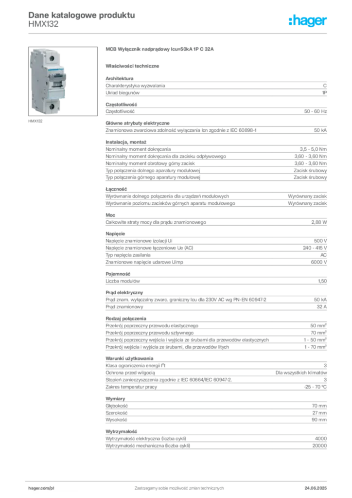 Zdjęcie Hager Karta katalogowa HMX132 | Hager Polska