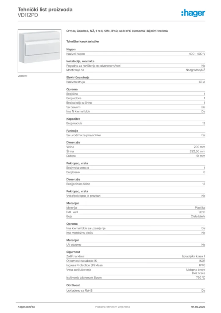 Slika Hager Tehnički list proizvoda VD112PD  | Hager