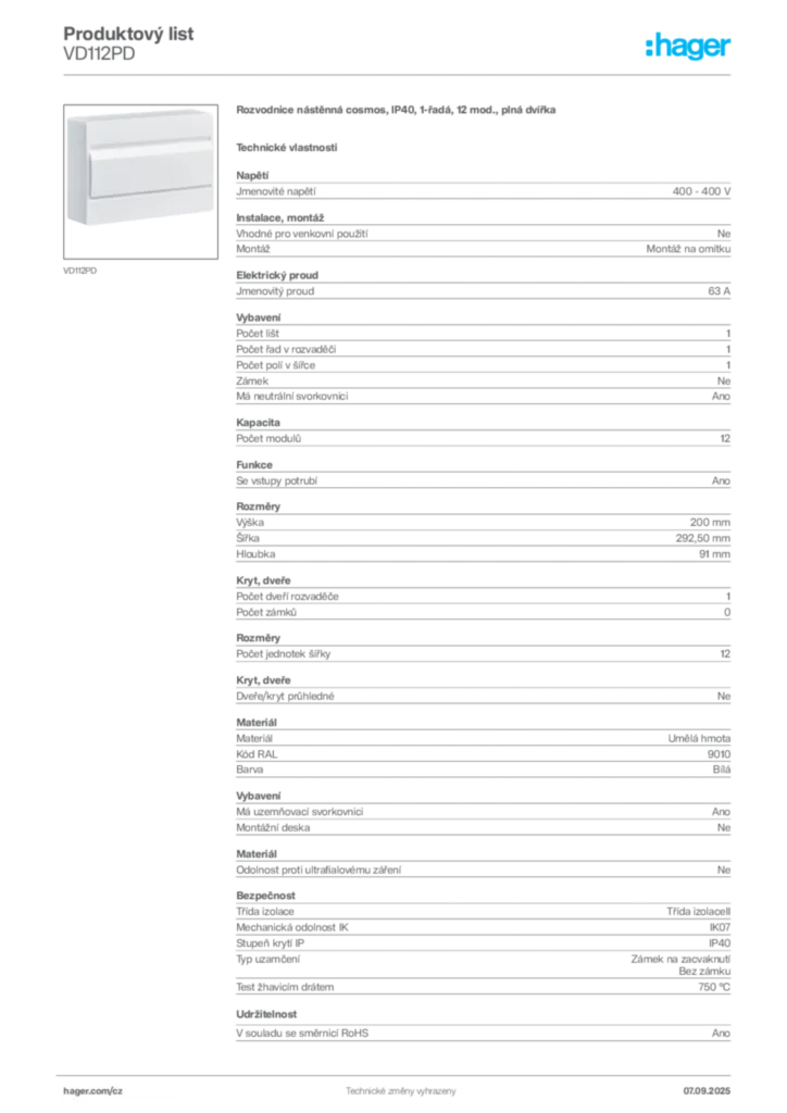Obrázek Hager Produktový list VD112PD | Hager