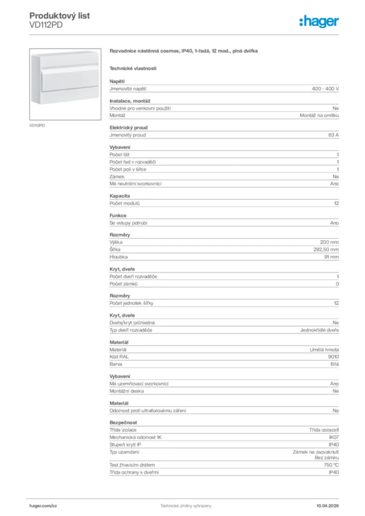 Obrázek Hager Product data sheet VD112PD | Hager
