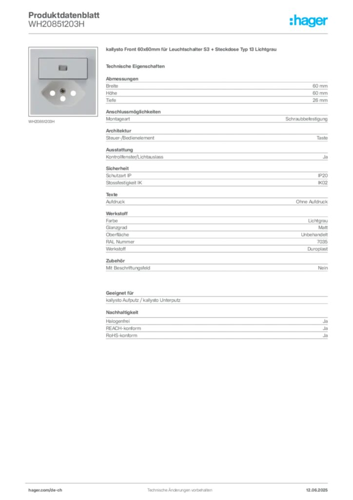 Bild Hager Produktdatenblatt WH20851203H | Hager Schweiz