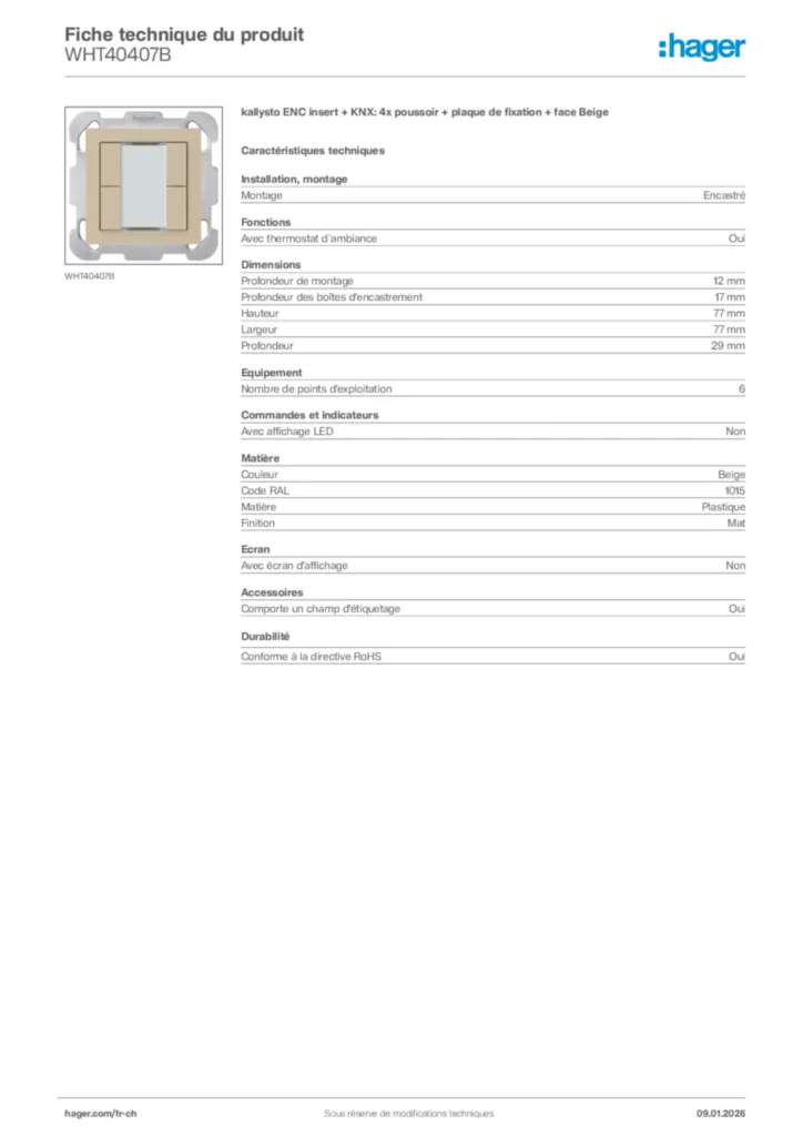 Image Hager Fiche technique du produit WHT40407B | Hager Suisse