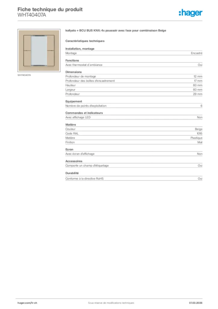 Image Hager Fiche technique du produit WHT40407A | Hager Suisse