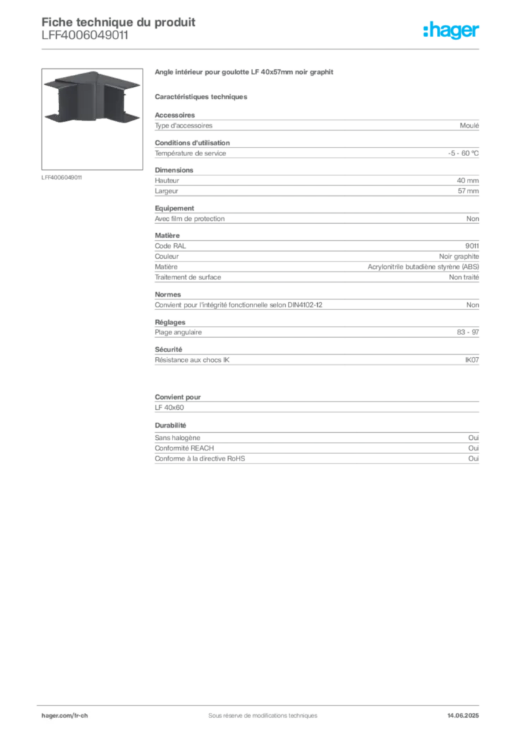 Image Hager Fiche technique du produit LFF4006049011 | Hager Suisse