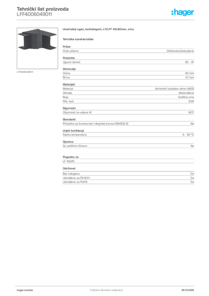 Slika Hager Product data sheet LFF4006049011  | Hager
