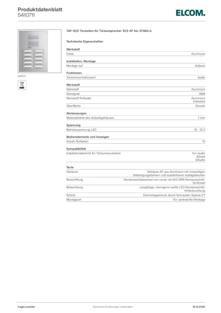 Bild Elcom Produktdatenblatt 5410711 | Hager Deutschland