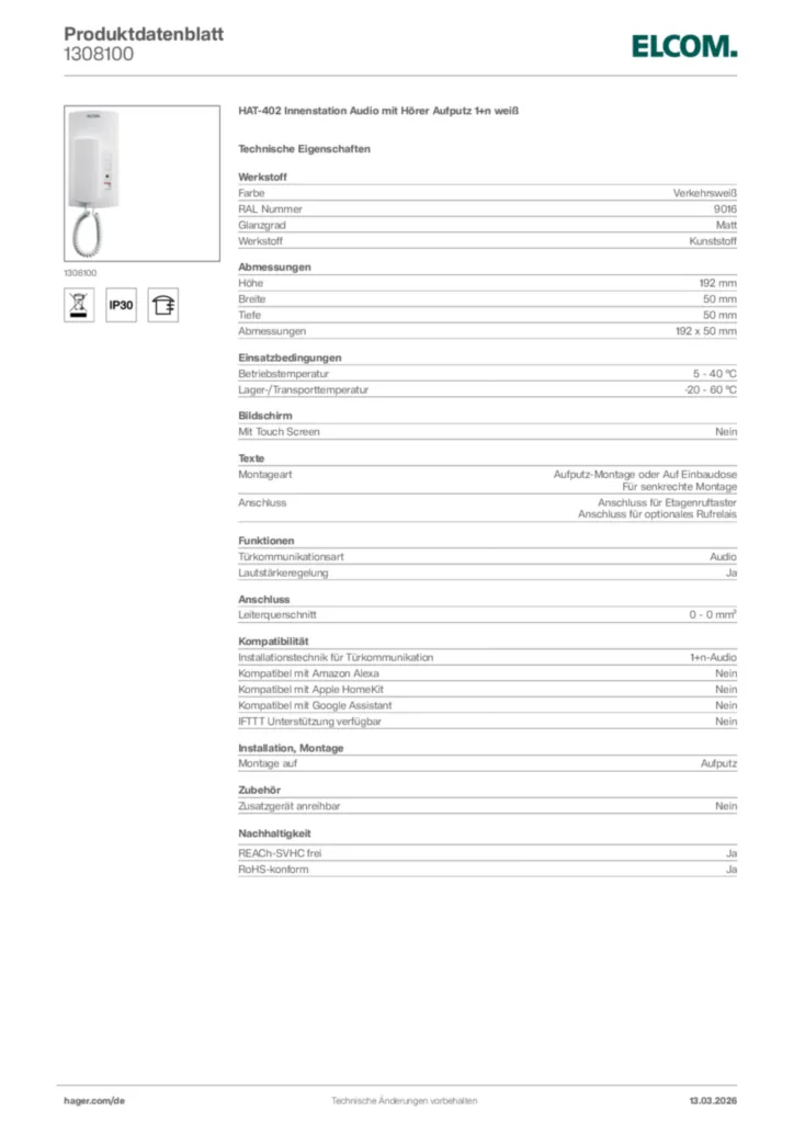 Bild Elcom Produktdatenblatt 1308100 | Hager Deutschland
