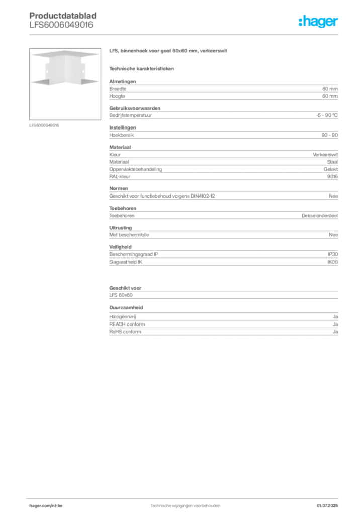 Afbeelding Hager Productdatablad LFS6006049016 | Hager Belgium