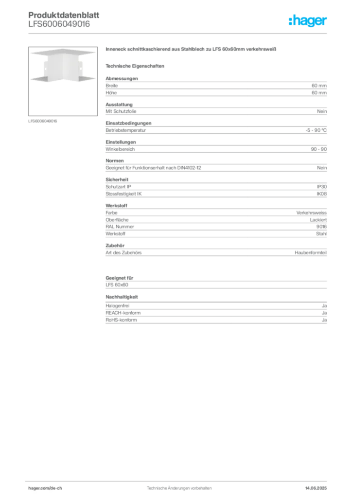 Bild Hager Produktdatenblatt LFS6006049016 | Hager Schweiz