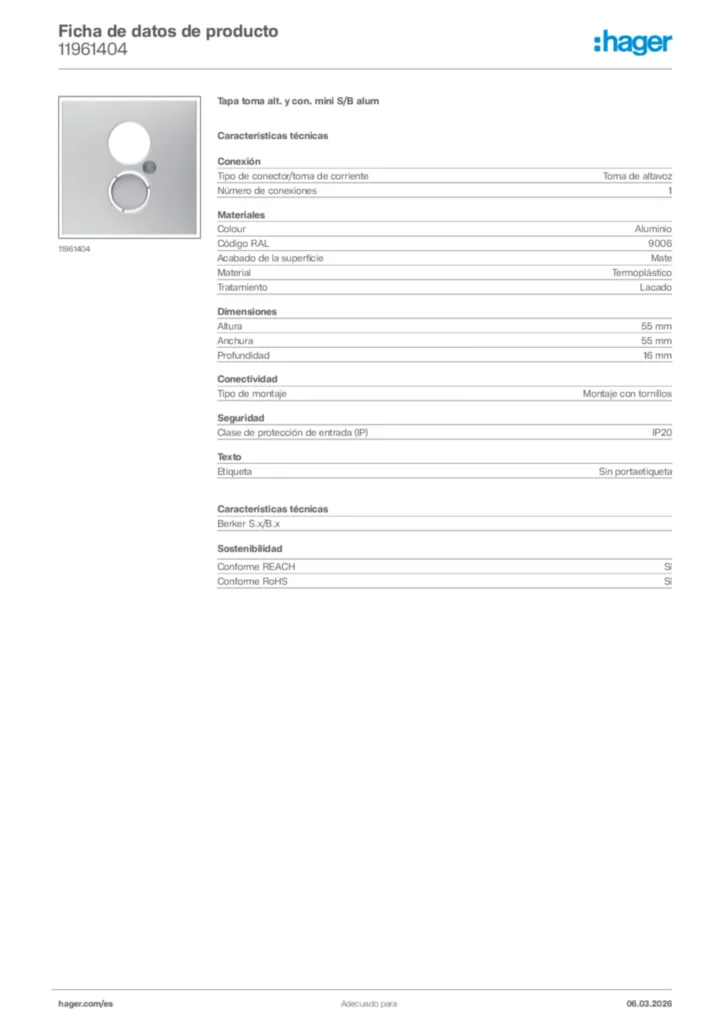 Imagen Hager Ficha de datos de producto 11961404 | Hager España