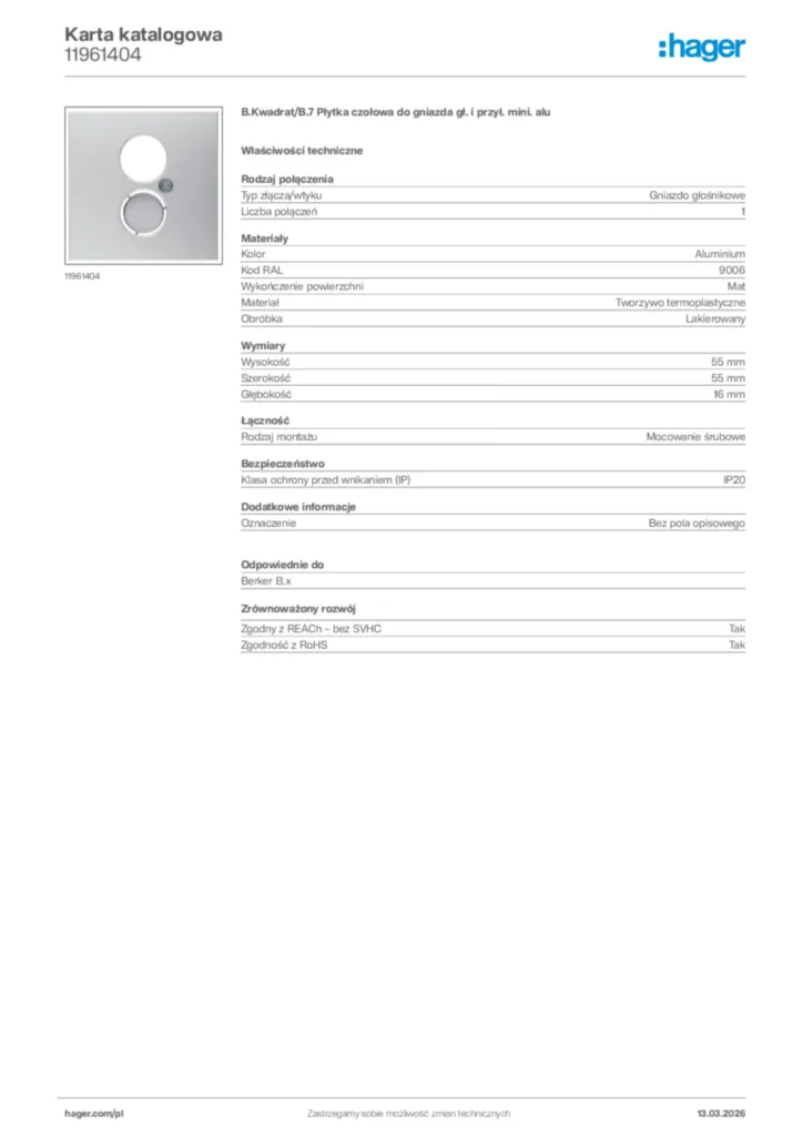 Zdjęcie Hager Karta katalogowa 11961404 | Hager Polska