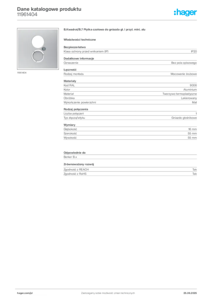 Zdjęcie Hager Karta katalogowa 11961404 | Hager Polska