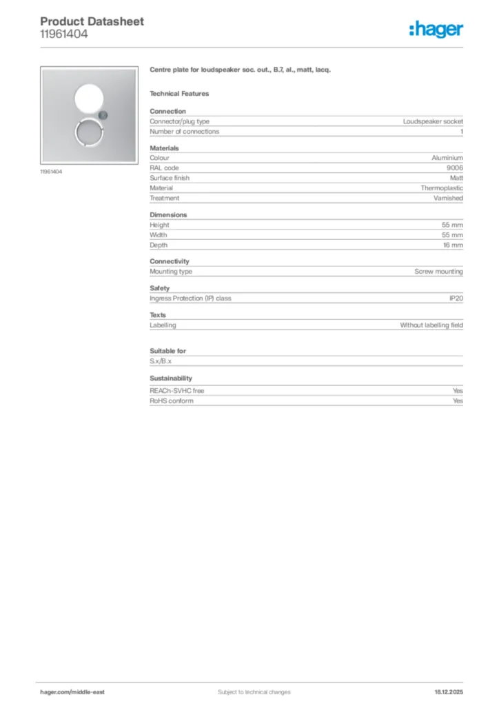 Image Hager Product data sheet 11961404  | Hager