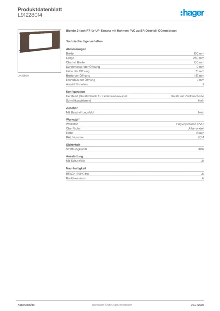 Bild Hager Produktdatenblatt L91228014 | Hager Deutschland