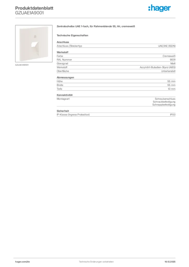 Bild Hager Produktdatenblatt GZUAE1A9001 | Hager Deutschland