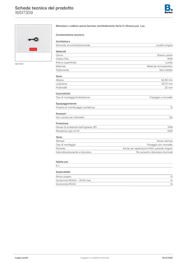 Immagine Berker Scheda tecnica del prodotto 16517309 | Hager Italia