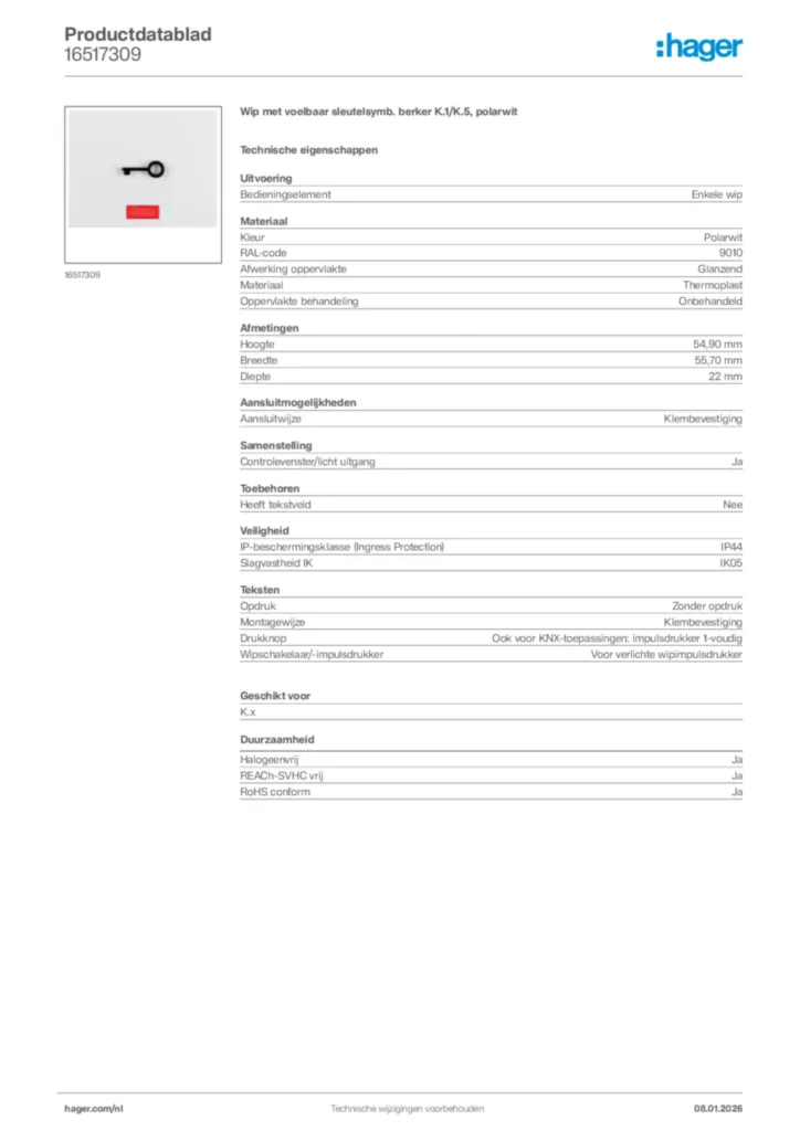 Afbeelding Hager Productdatablad 16517309 | Hager Nederland