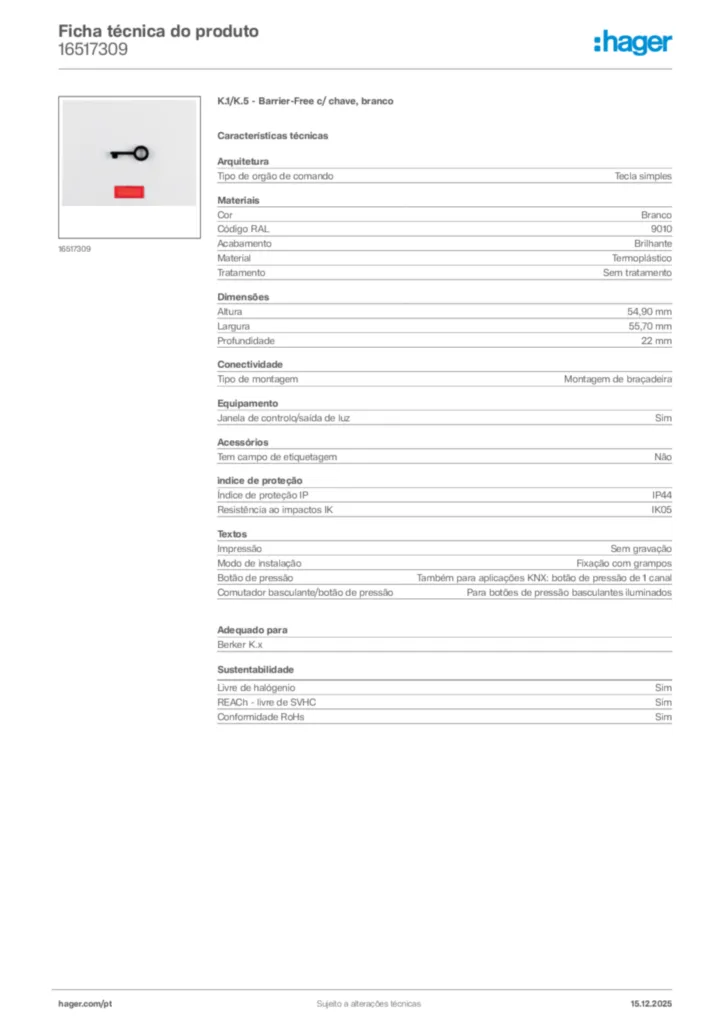 Imagem Hager Ficha técnica do produto 16517309 | Hager Portugal
